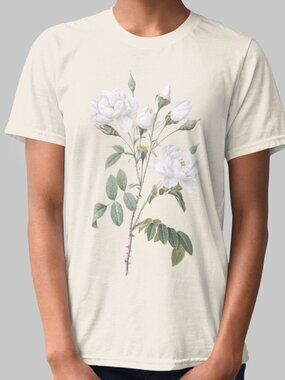 White Rose Vintage Floral Print Short Sleeve Graphic Tee T-shirt S-XXL